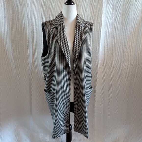 Zara Long Houndstooth Vest Pockets Belt Loops Size Large - Picture 2 of 11